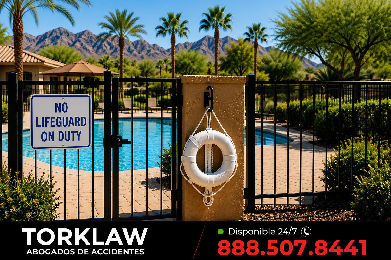 a "no lifeguard on duty" sign posted at the gates of a public pool with a footer in the graphic stating "TORKLAW abogados de accidents disbonible 24/7 888.845.9696