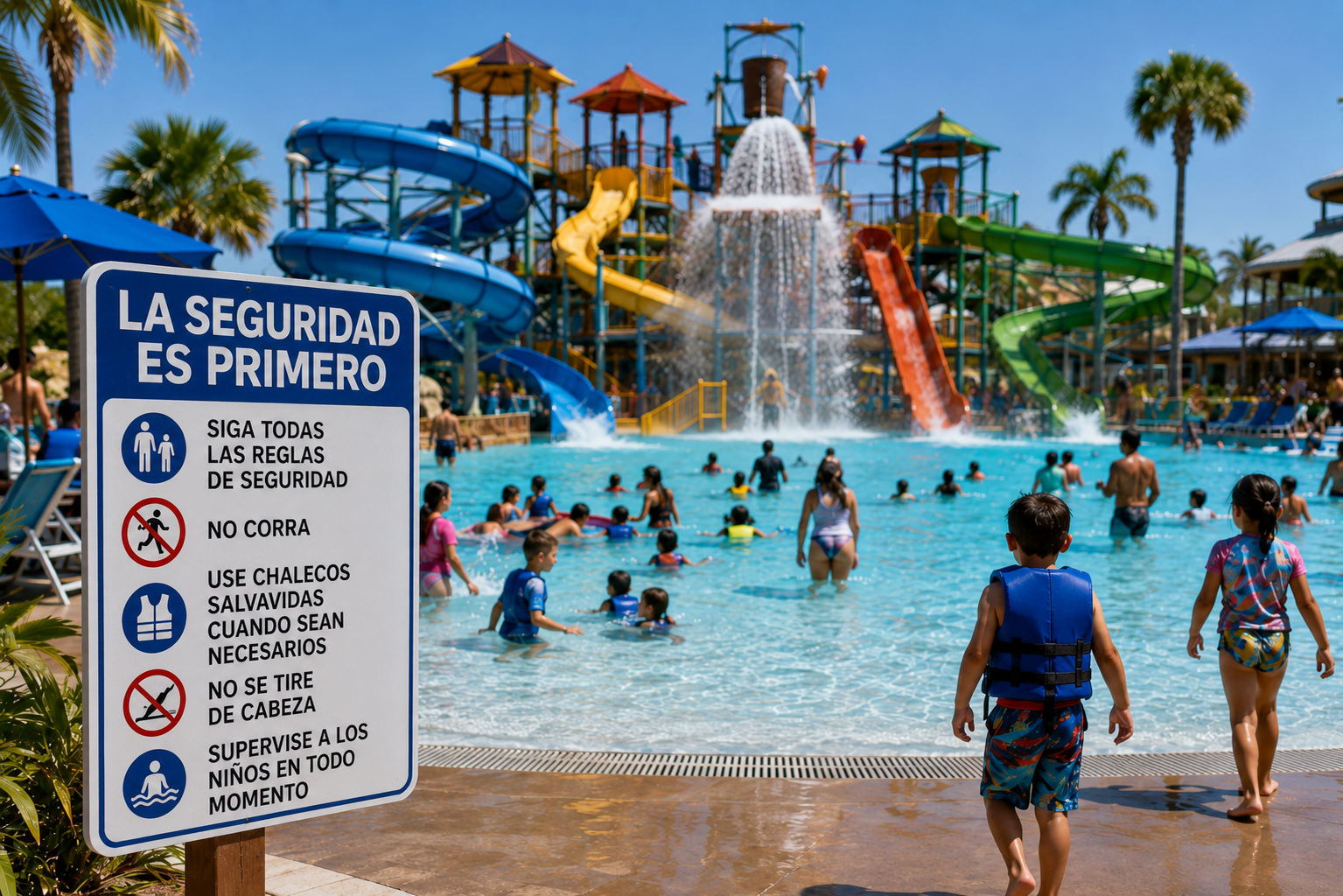 una señal de seguridad exhibida en la entrada de una piscina de un parque acuático donde juegan niños