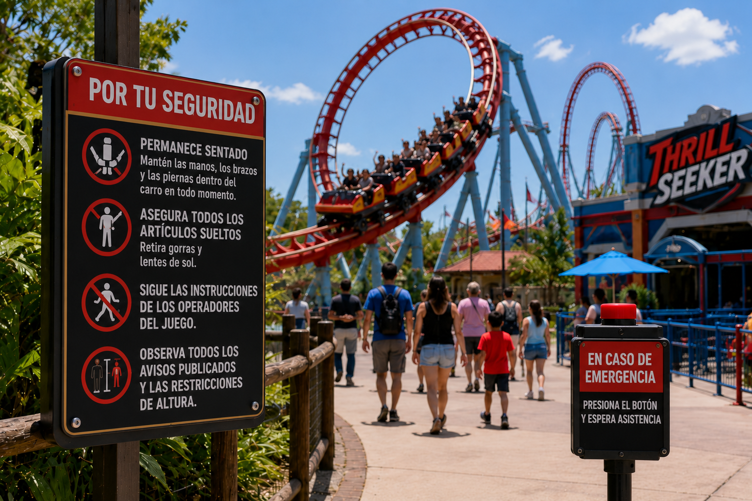 una señal de seguridad exhibida en la entrada de un parque temático