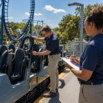 two amusement park employees inspecting a roller coaster seat