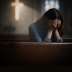 girl hiding her face and praying at a church
