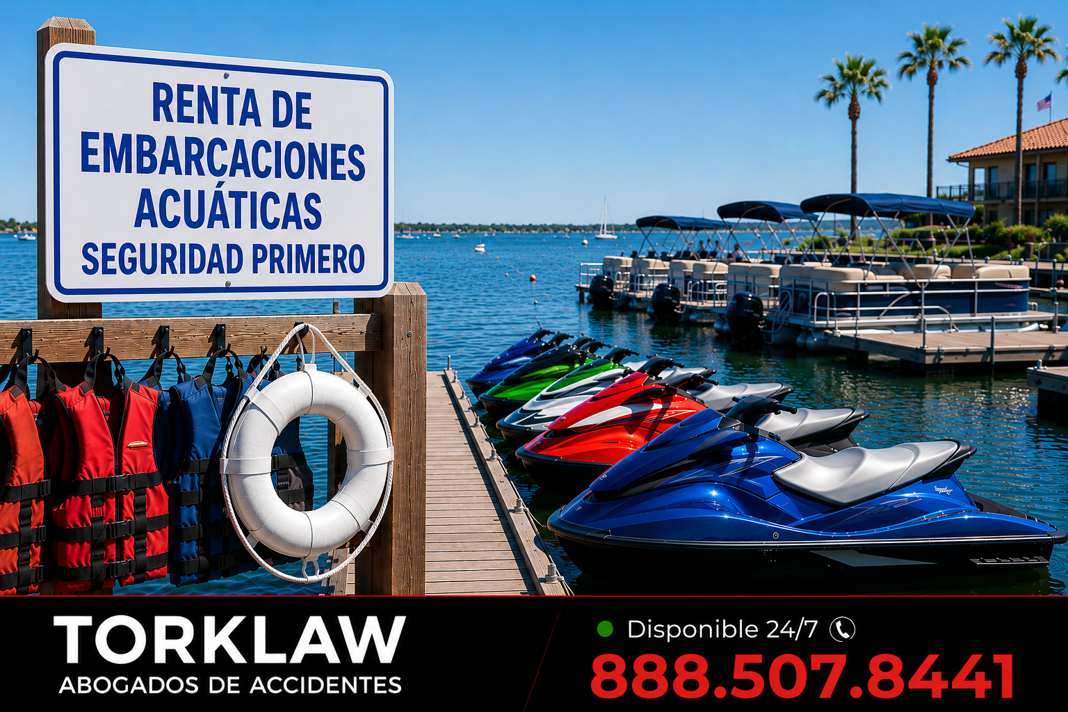boat and watercraft rental dock with a safety sign. Includes text overlay saying TORKLAW personal injury lawyers available 24/7 888.845.9696