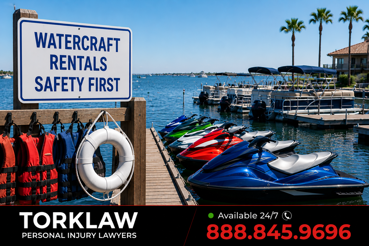 boat and watercraft rental dock with a safety sign. Includes text overlay saying "TORKLAW personal injury lawyers available 24/7 888.845.9696"