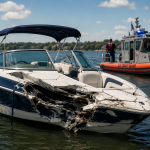 a speed boat with heavy damage being approached by the U.S. coast guard
