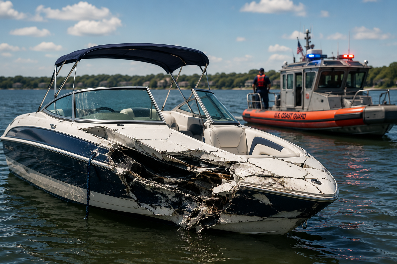 a speed boat with heavy damage being approached by the U.S. coast guard