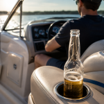 an open bottle of beer is on a boat with a man at the steering wheel