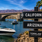boats on the water with a sign pointing towards California and Arizona in opposite directions with the TORKLAW logo