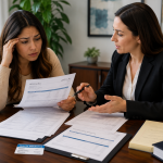 a woman meeting with a health insurance expert to choose a plan