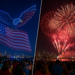 4th of July drone show depicting an eagle and American flag vs traditional fireworks