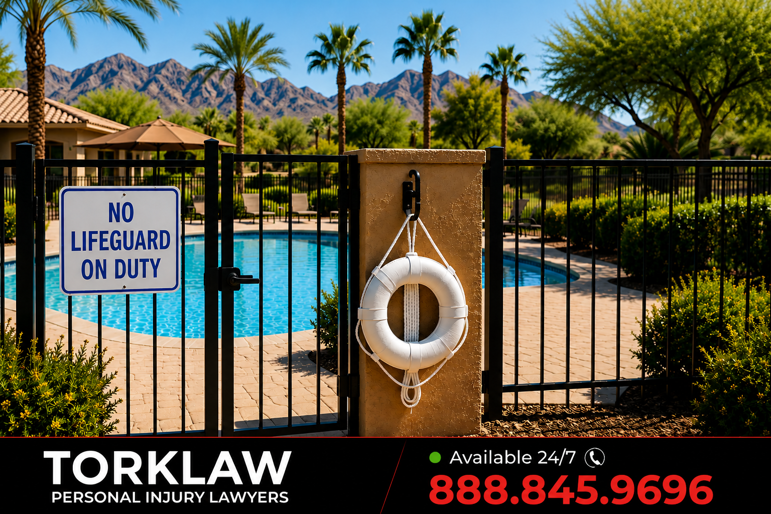 a "no lifeguard on duty" sign posted at the gates of a public pool with a footer in the graphic stating "TORKLAW personal injury lawyers available 24/7 888.845.9696
