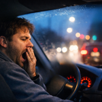 sleepy driver is at the wheel, yawning