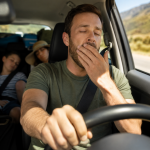father driving drowsy during roadtrip with two children in the back seat