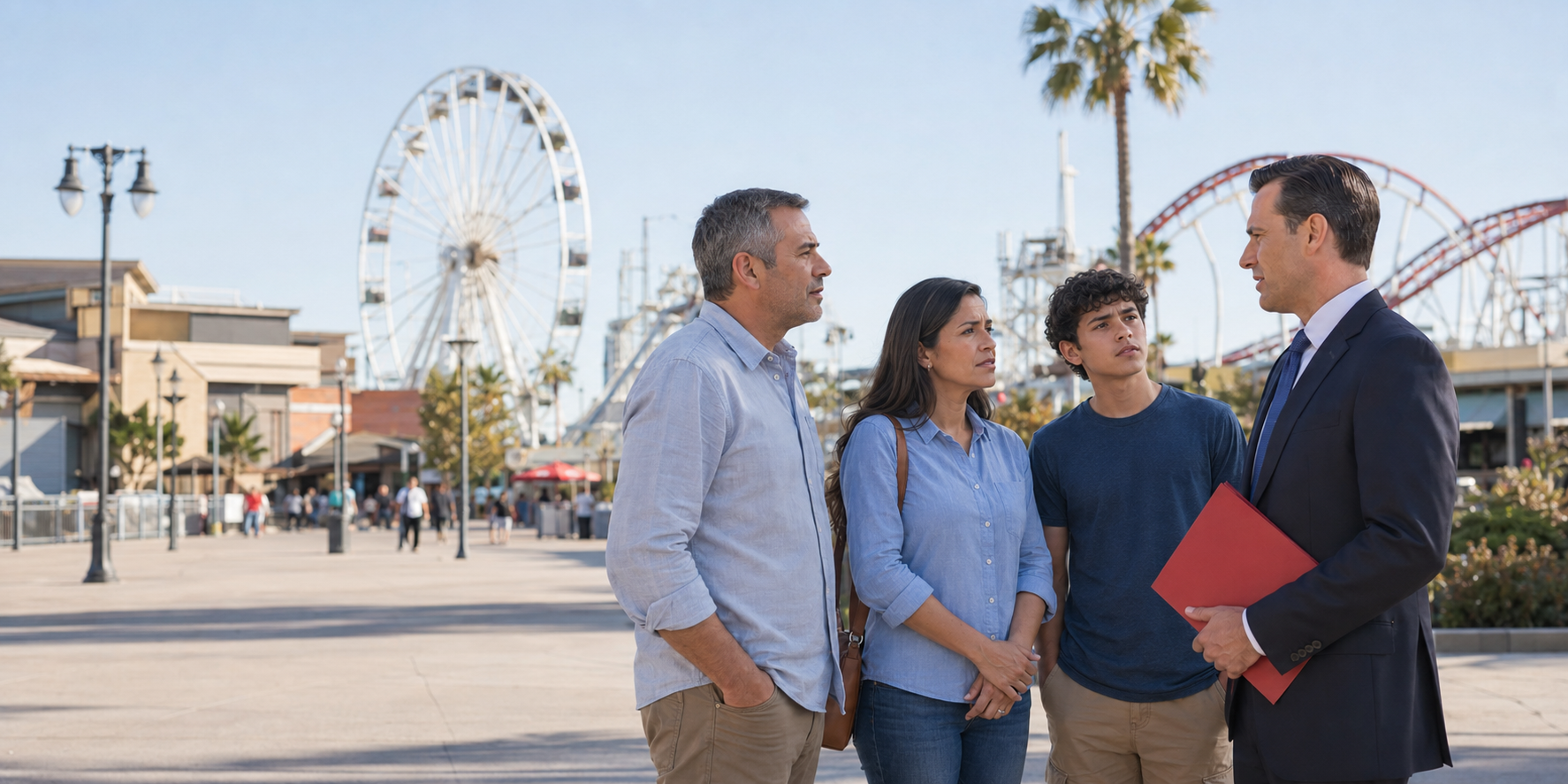 a family speaking to a lawyer at Disneyland