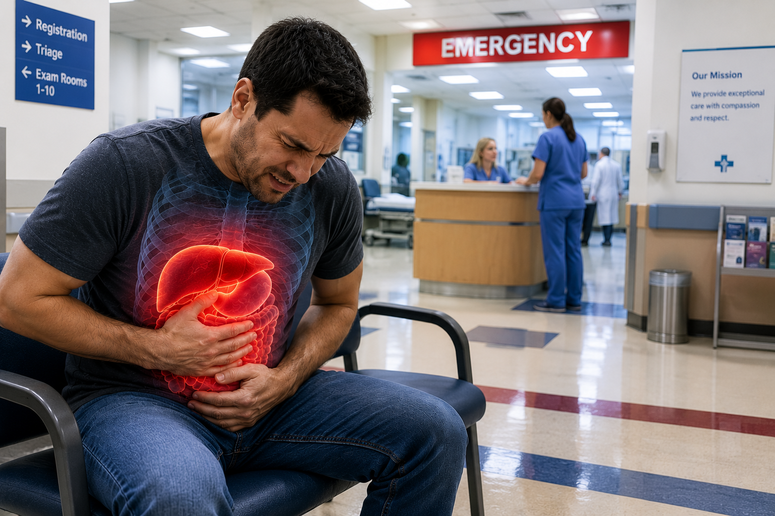a man sitting in the ER waiting room suffering from internal organ damage pain