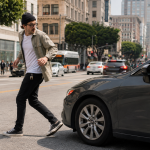 a person nearly getting hit by a car while jaywalking