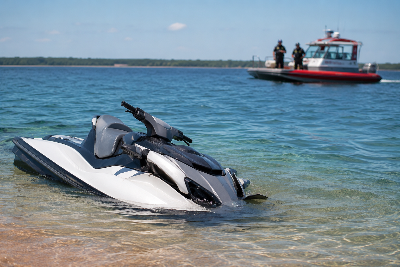 a jet ski floating on the shore of a beach with a rescue boat approaching in the background