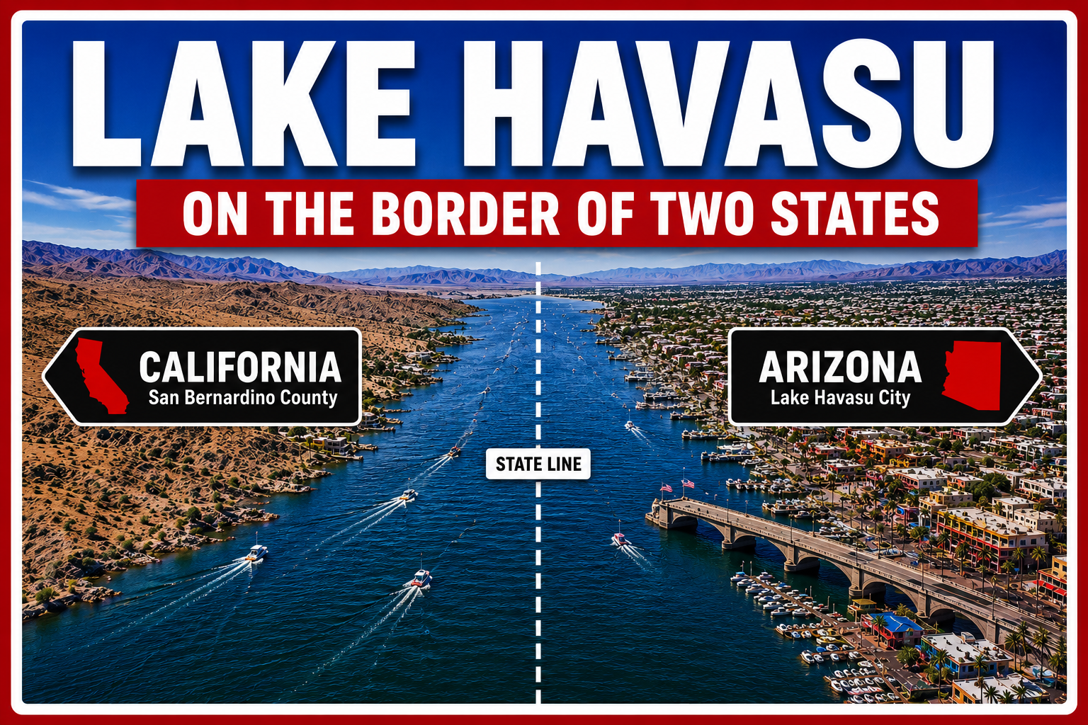 lake havasu split visually by a state line separating California and Arizona