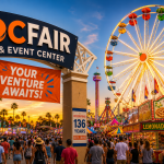 the fairgrounds at the Orange County Fair with a banner saying 