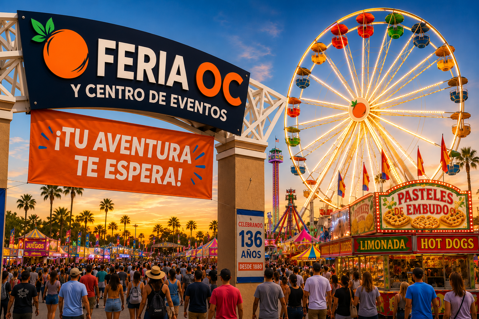 el recinto ferial del condado de Orange con una pancarta que dice "tu aventura te espera"