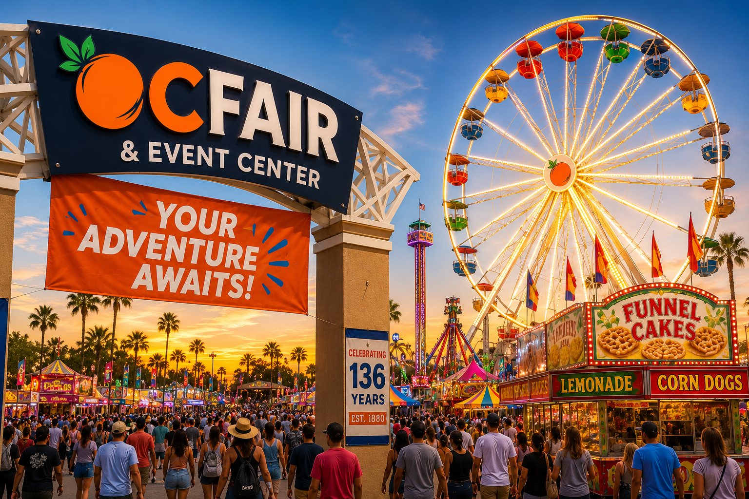 the fairgrounds at the Orange County Fair with a banner saying "your adventure awaits!"