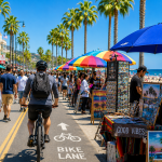 cyclists and pedestrians on a San Diego boardwalk alongside vendor booths