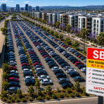 a large parking lot filled with cars beside a transit stop. A sign reads 