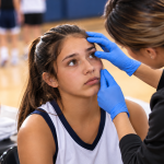 a student athlete getting evaluated by a nurse after a sports injury