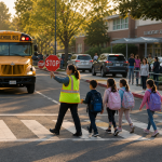 a group of children crossing the street with the help of a crossing guard