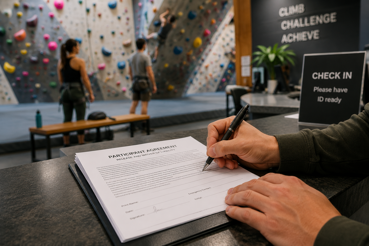 someone signing a liability waiver while checking in to a rock climbing gym
