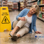 blonde middle aged woman holding her knee in pain next to a puddle and wet floor sign inside a grocery store