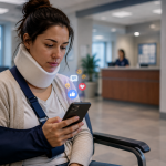 a woman wearing a neck brace and arm cast sitting in a medical office while posting on social media