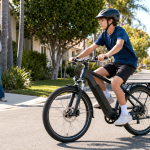 a teenage boy riding an ebike while his mother watches in the background