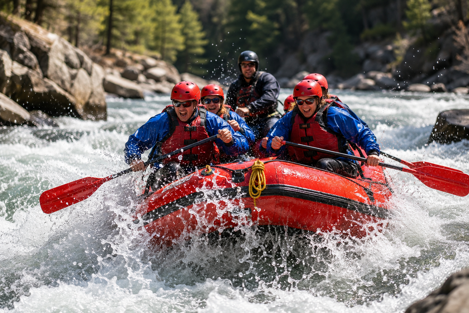 a group of people white water rafting