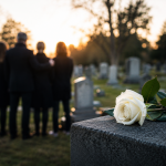 a white rose lays on a headstone at a cemetery with a family in the background mourning the loss of a loved one