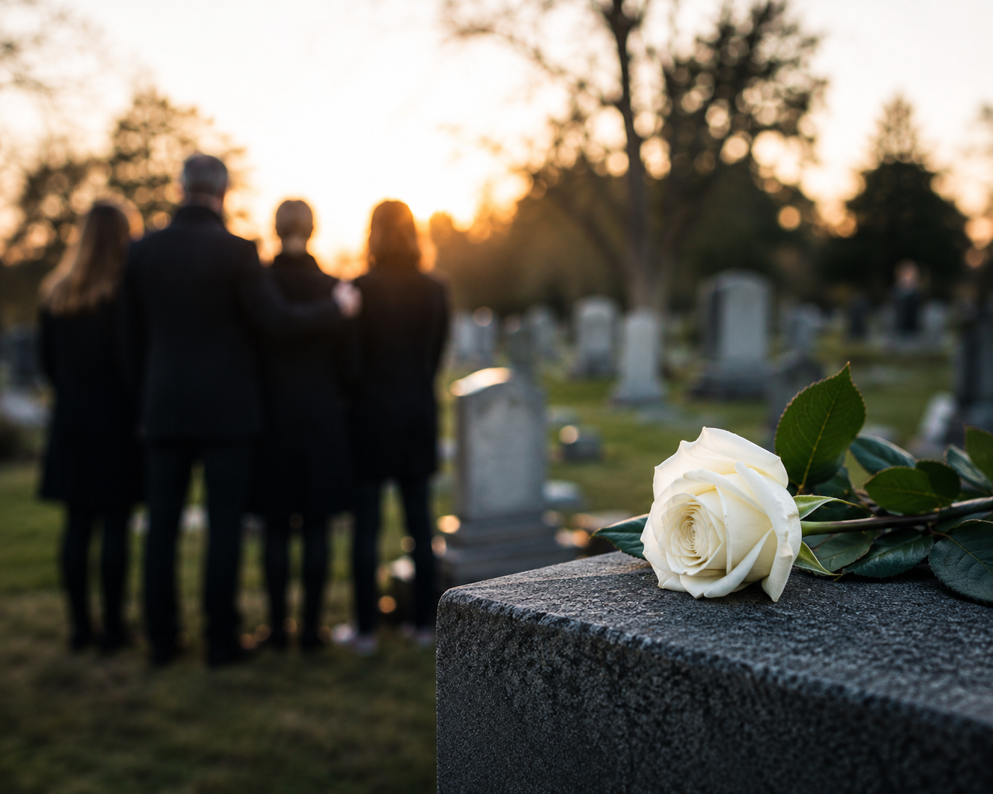 a white rose lays on a headstone at a cemetery with a family in the background mourning the loss of a loved one